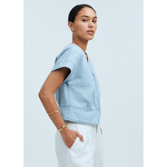 Madewell Denim Pleated Short-Sleeve Top in Doral Wash NP039 Size XL $88 - Picture 3 of 9